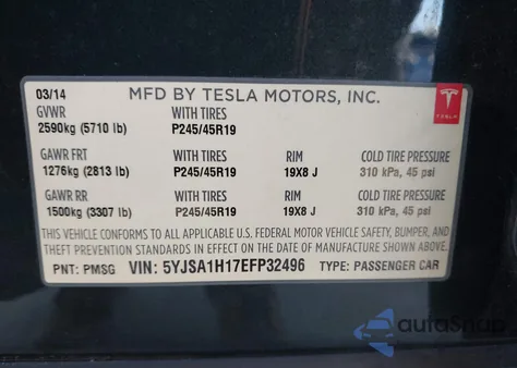 2014 Tesla Model S P85 из США, поврежденный, VIN 5YJSA1H17EFP32496